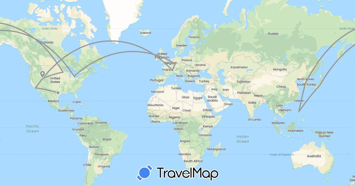 TravelMap itinerary: driving, plane in Switzerland, Germany, Japan, South Korea, Philippines, United States (Asia, Europe, North America)